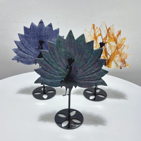 3 Pieces Peacock Crystal Carving With Stand Blue Aventurine Ruby In Kyanite - Wholesale Crystals