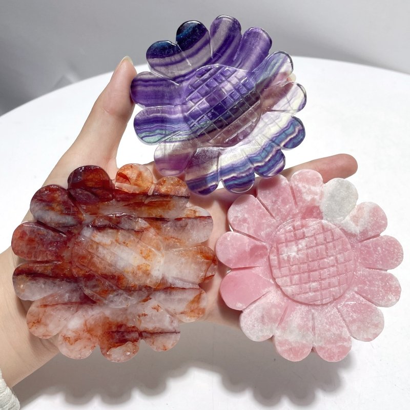 3 Pieces Unique Sunflower Carving With Stand Fire Quartz Fluorite Pink Opal#2 - Wholesale Crystals