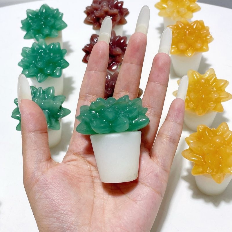 3 Types Succulent Potted Plants Carving Wholesale Yellow Calcite Strawberry Quartz Green Aventurine - Wholesale Crystals