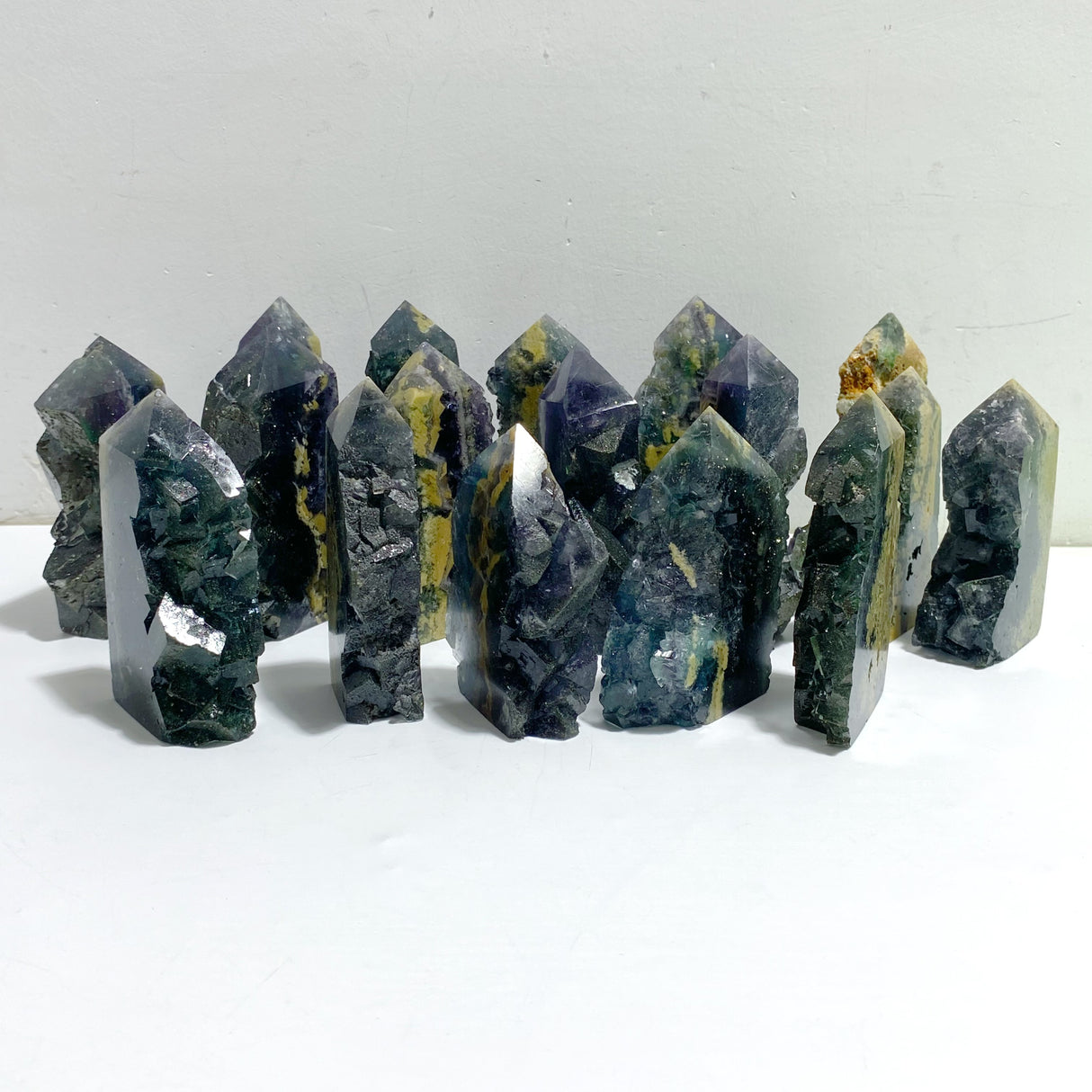 17 Pieces Blue Fluorite Mixed Pyrite Raw Side Tower Point