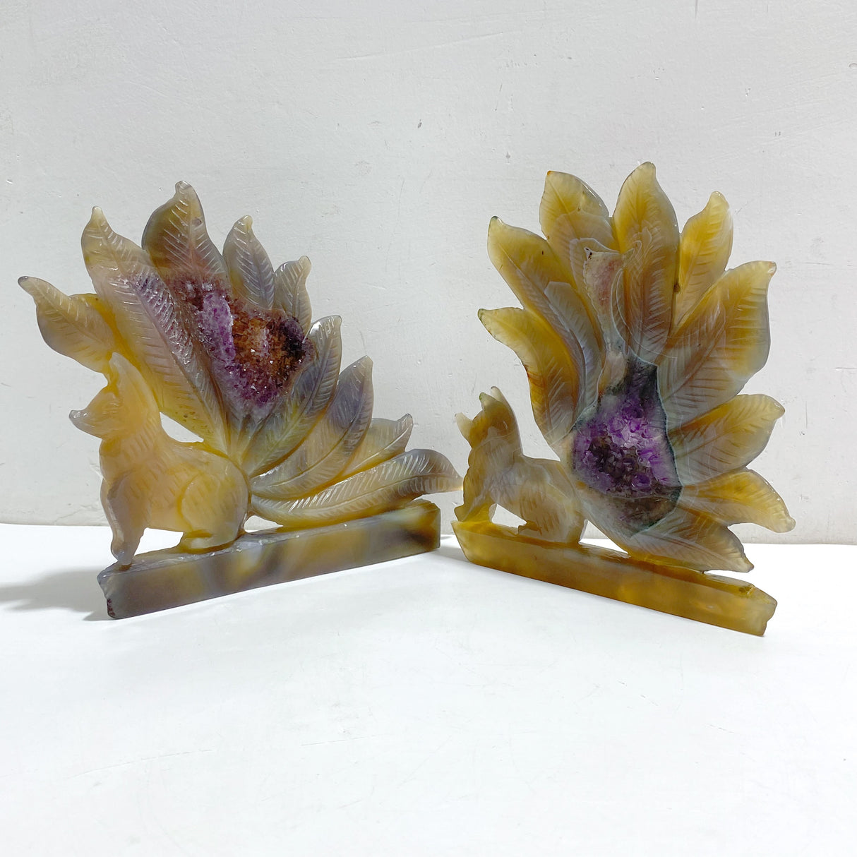 2 Pieces Geode Agate Druzy Nine-tailed Fox Carving #16