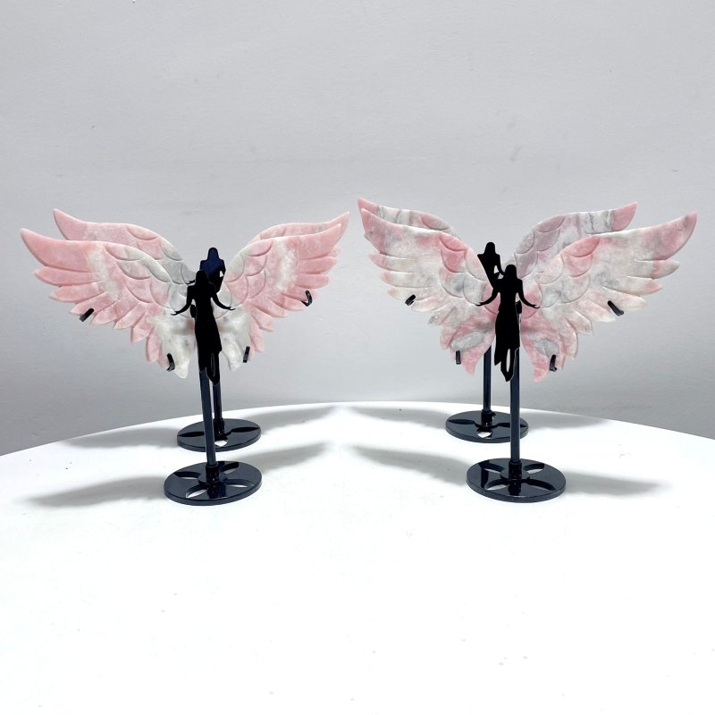 4 Pairs Beautiful Pink Opal Angel Wing Carving With Stand - Wholesale Crystals