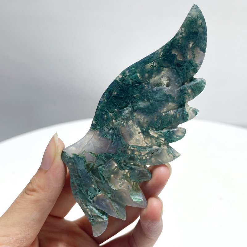 4 Pairs Moss Agate Angel Wing Carving With Stand - Wholesale Crystals