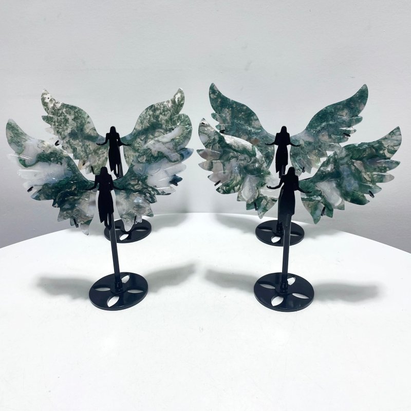 4 Pairs Moss Agate Angel Wing Carving With Stand - Wholesale Crystals