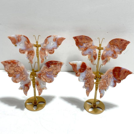 4 Pairs Pink Agate Butterfly Wing Carving With Stand - Wholesale Crystals