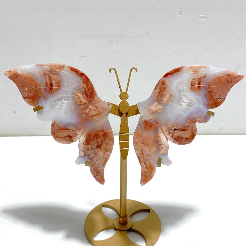 4 Pairs Pink Agate Butterfly Wing Carving With Stand - Wholesale Crystals