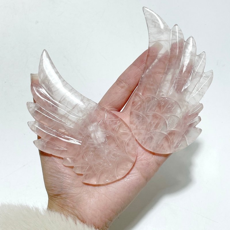 4 Pairs Rose Quartz Angel Wing Carving With Stand - Wholesale Crystals