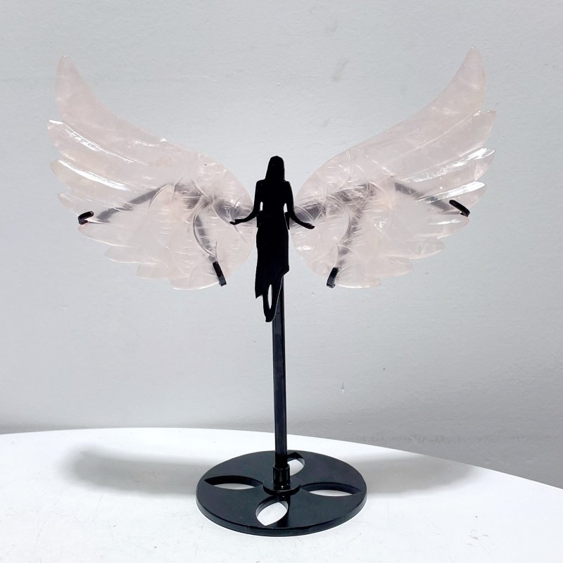 4 Pairs Rose Quartz Angel Wing Carving With Stand - Wholesale Crystals