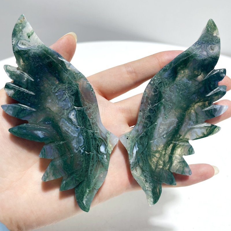 4 Pairs Small Moss Agate Angel Wing Carving With Stand - Wholesale Crystals