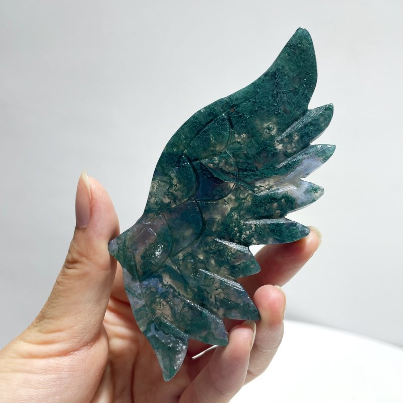 4 Pairs Small Moss Agate Angel Wing Carving With Stand - Wholesale Crystals