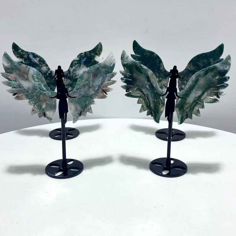 4 Pairs Small Moss Agate Angel Wing Carving With Stand - Wholesale Crystals