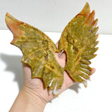 Yellow Ocean Jasper Demon And Angel Wing Carving With Stand
