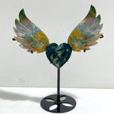 Ocean Jasper Heart Wing Carving With Stand