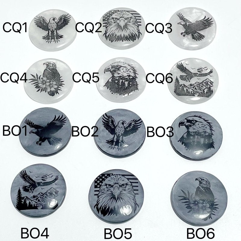 4cm Black Obsidian Clear Quartz Engraved Eagle Round Slices DIY Wholesale - Wholesale Crystals