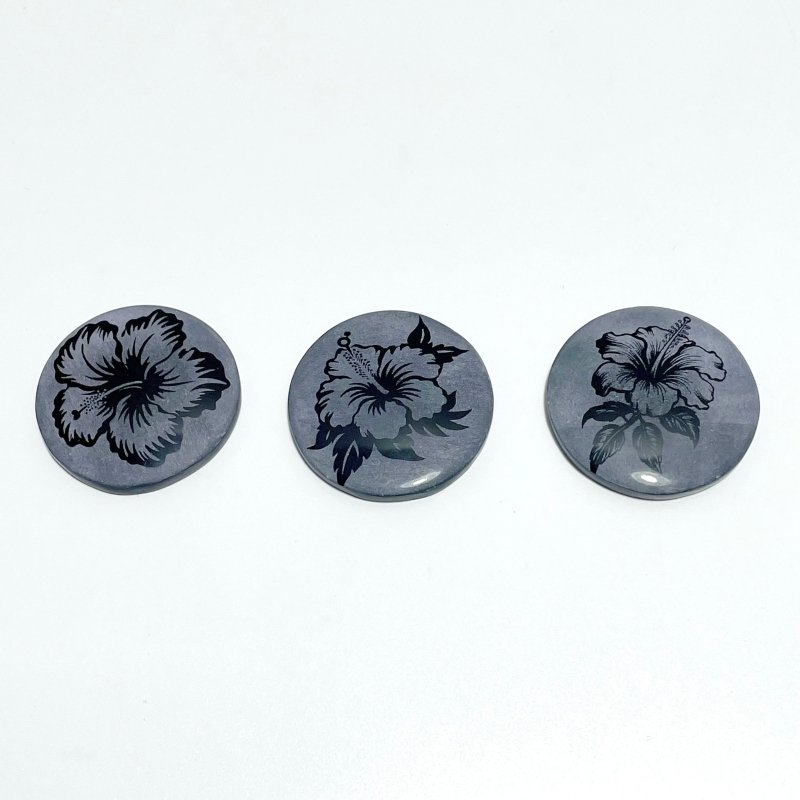 4cm Black Obsidian Hawaiian Flowers Engraved Round Slices DIY Wholesale - Wholesale Crystals