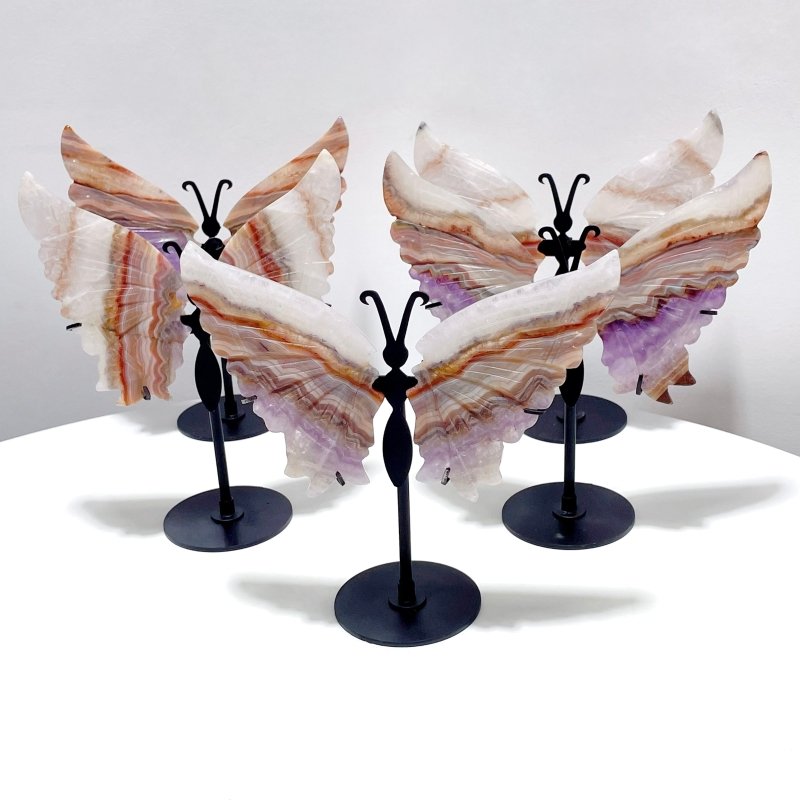 5 Pairs Amethyst Mixed Stripe Agate Butterfly Wing Carving With Stand - Wholesale Crystals