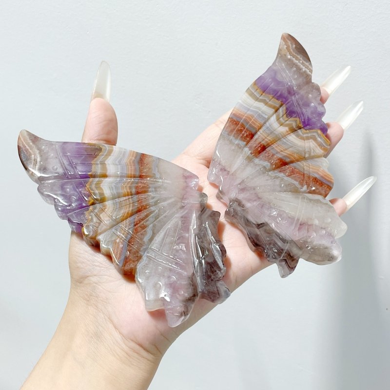 5 Pairs Beautiful Amethyst Mixed Stripe Agate Butterfly Wing Carving With Stand - Wholesale Crystals