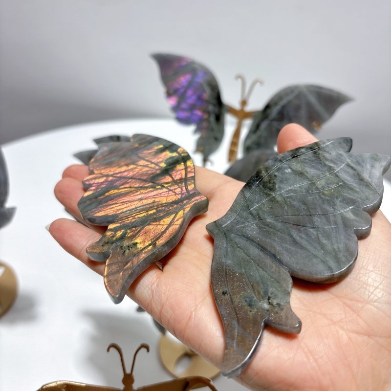 5 Pairs Purple Labradorite Butterfly Wing Carving With Stand - Wholesale Crystals