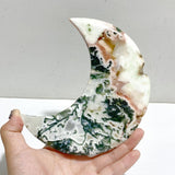5 Pieces Large Geode Green & Pink Moss Agate Moon With Stand -Wholesale Crystals