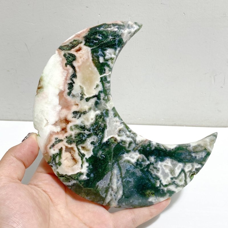 5 Pieces Large Geode Green & Pink Moss Agate Moon With Stand -Wholesale Crystals