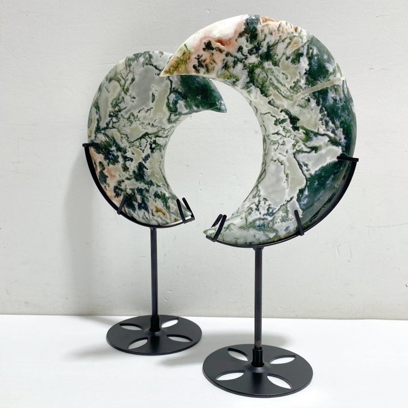 5 Pieces Large Geode Green & Pink Moss Agate Moon With Stand -Wholesale Crystals
