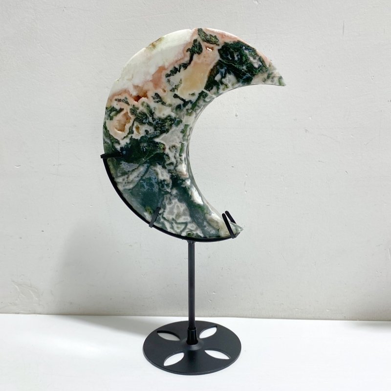 5 Pieces Large Geode Green & Pink Moss Agate Moon With Stand -Wholesale Crystals