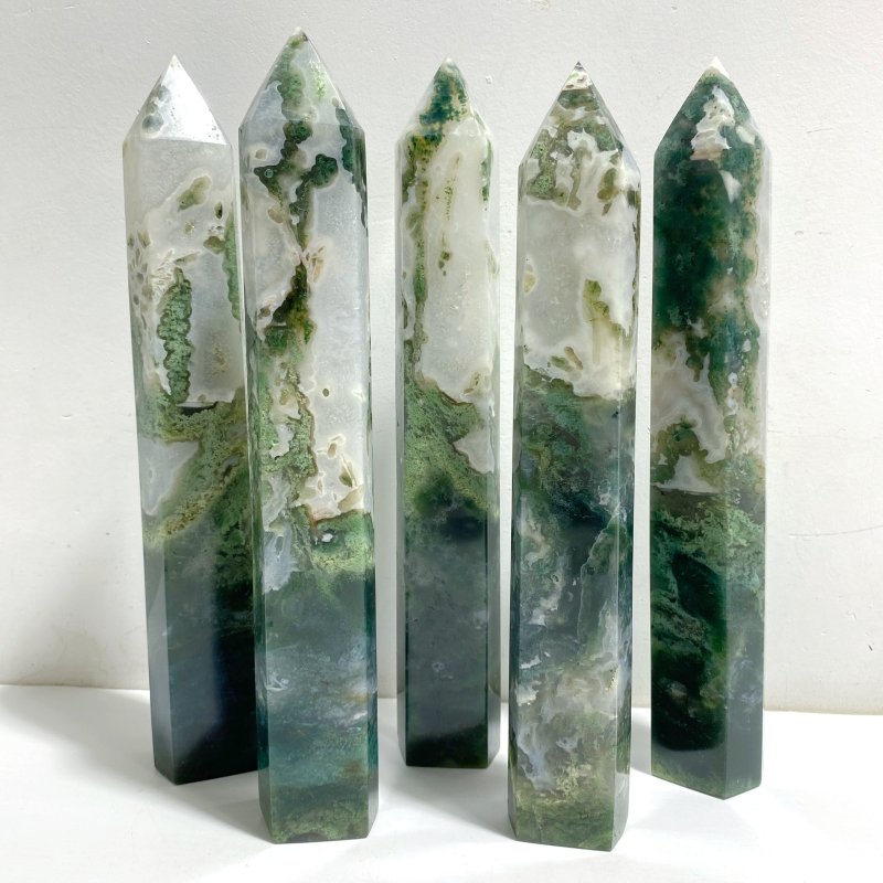 5 Pieces Large Green Moss Agate Points -Wholesale Crystals