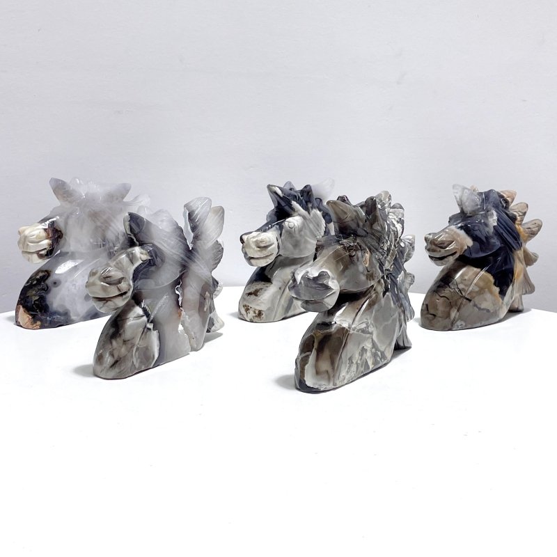 5 Pieces Large Volcanic Agate Unicorn Carving(UV - Reactive) - Wholesale Crystals