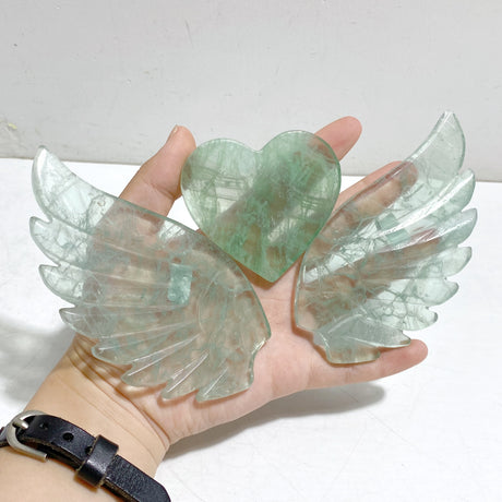 Unique Green Fluorite Heart Wing Carving With Stand