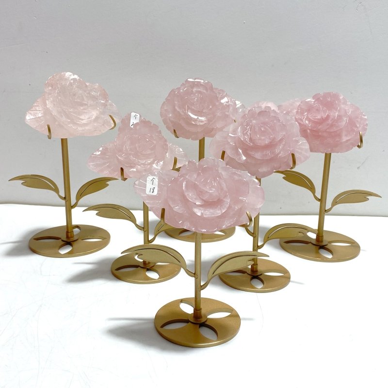 6 Pairs Beautiful Rose Quartz Flower Carving With Stand - Wholesale Crystals