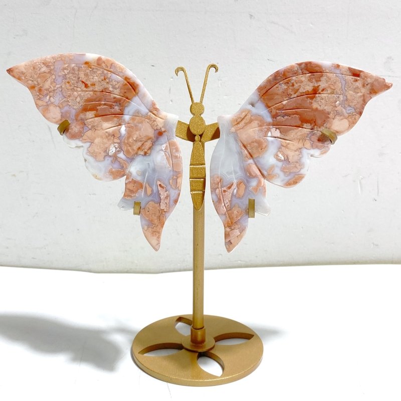 6 Pairs Pink Agate Butterfly Wing Carving With Stand -Wholesale Crystals