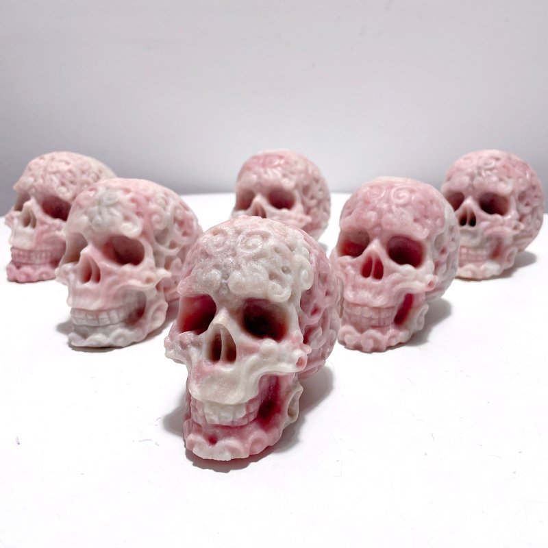 6 Pieces Beautiful Pink Opal Skull Carving - Wholesale Crystals