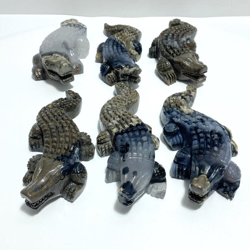 6 Pieces Large Volcanic Agate Crocodile Carving(UV - Reactive) - Wholesale Crystals