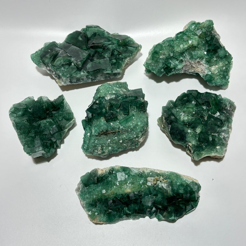 6 Pieces Unique Green Fluorite Raw Specimen Cubic Stone -Wholesale Crystals