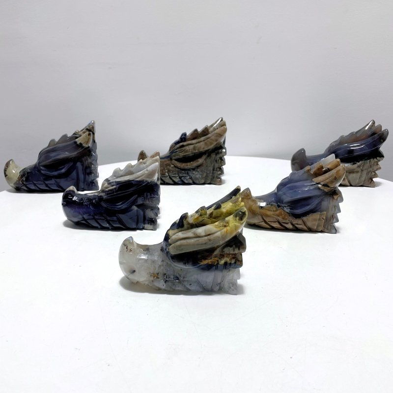 6 Pieces Volcanic Agate Dragon Head Carving(UV - Reactive) - Wholesale Crystals