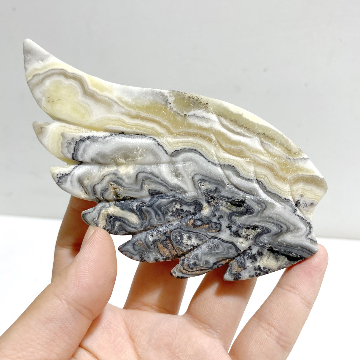 Gray Lace Agate Heart Wing Carving With Stand