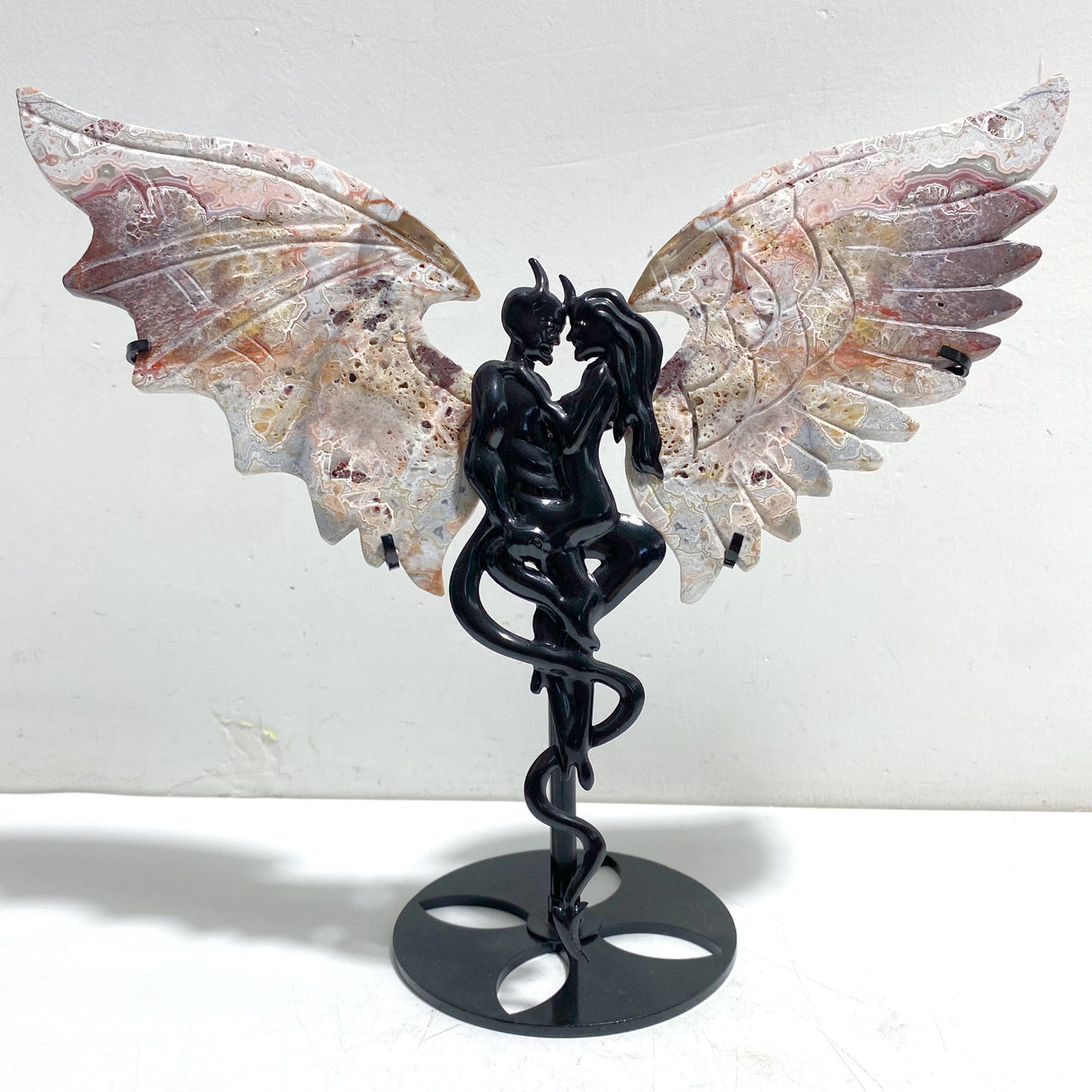 Morocco Agate Demon And Angel Wing Carving With Stand