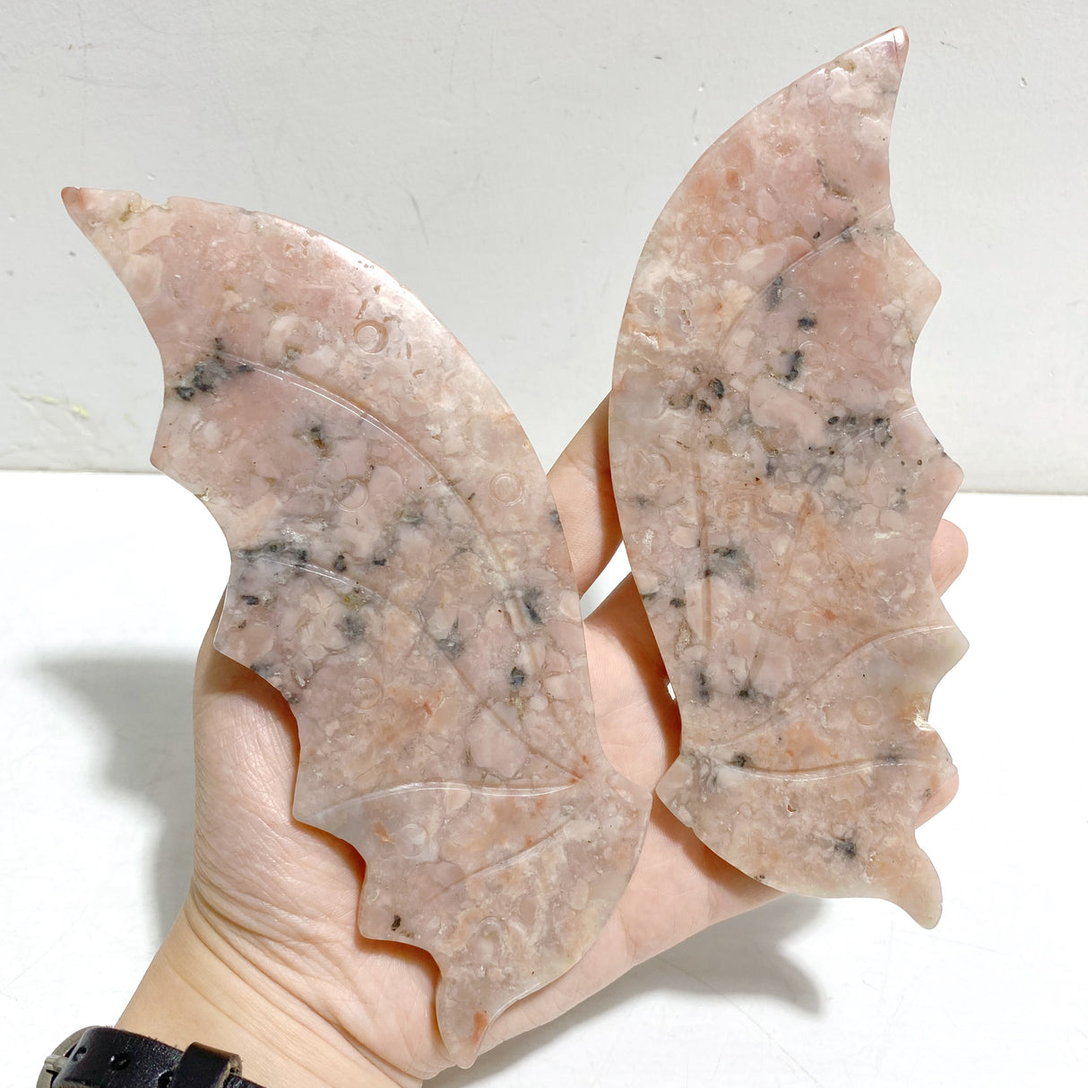 Pink Agate Flying Dragon Wing Carving With Stand