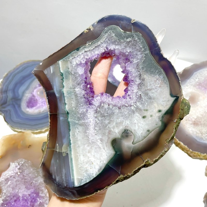 7 Pieces Beautiful Large Geode Amethyst Mixed Agate Slabs - Wholesale Crystals