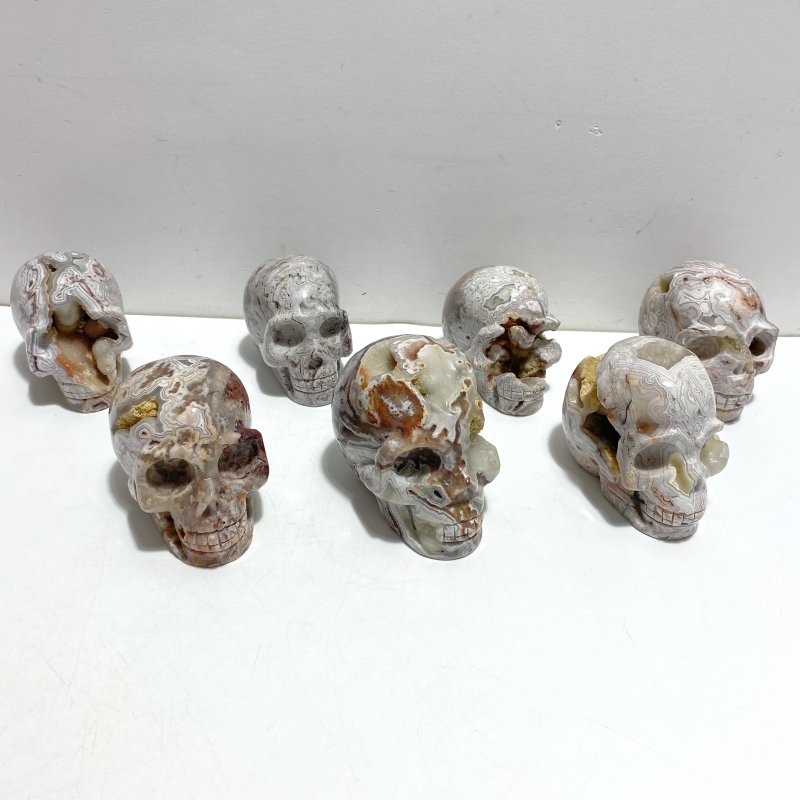 7 Pieces Geode Druzy Morocco Agate Skull Carving 3 - Wholesale Crystals