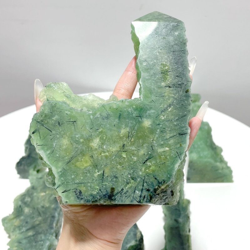 7 Pieces Large Natural Prehnite Tower Raw Side - Wholesale Crystals