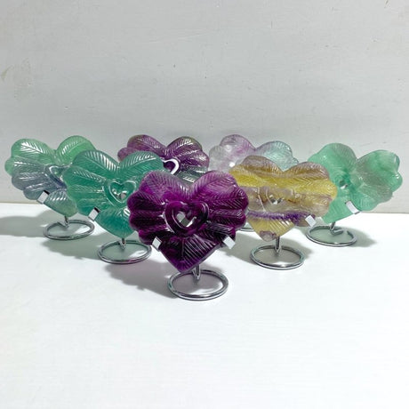 7 Pieces Rainbow Fluorite Heart Carving With Stand -Wholesale Crystals