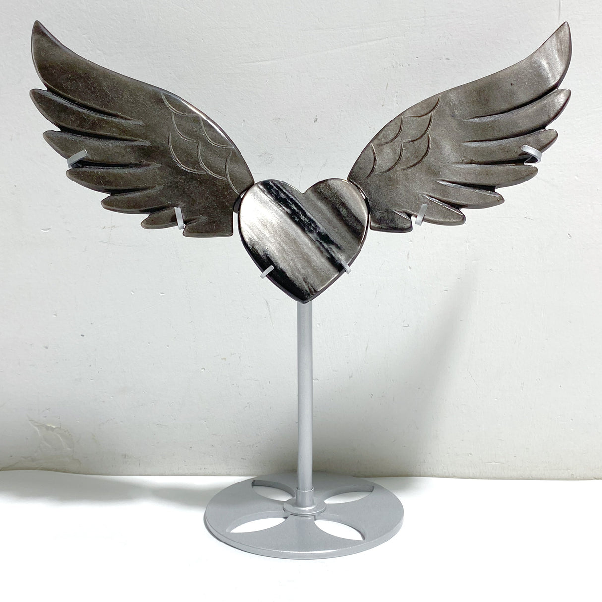 Silver Sheen Obsidian Heart Wing Carving With Stand