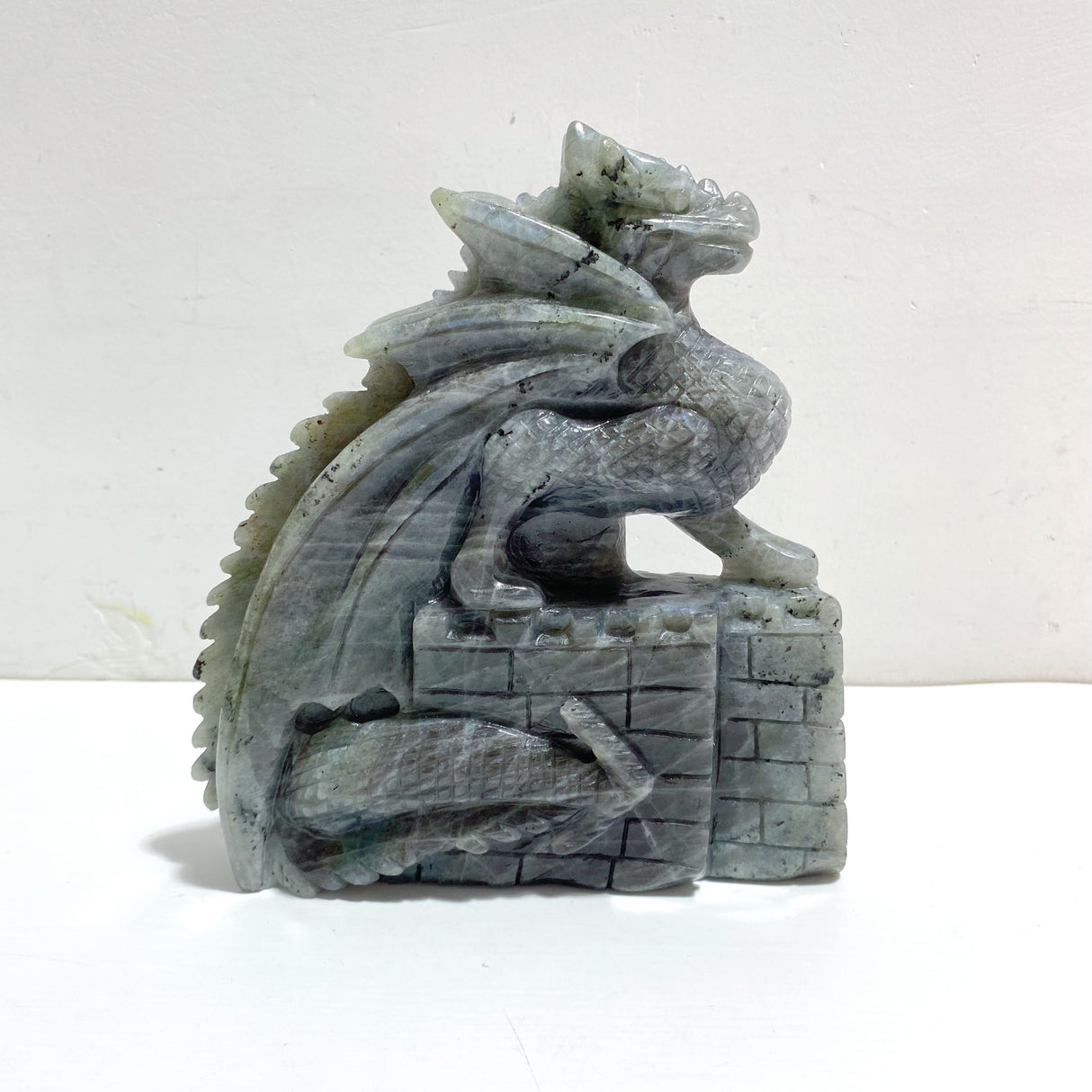 Beautiful Labradorite Flying Dragon Castle Carving