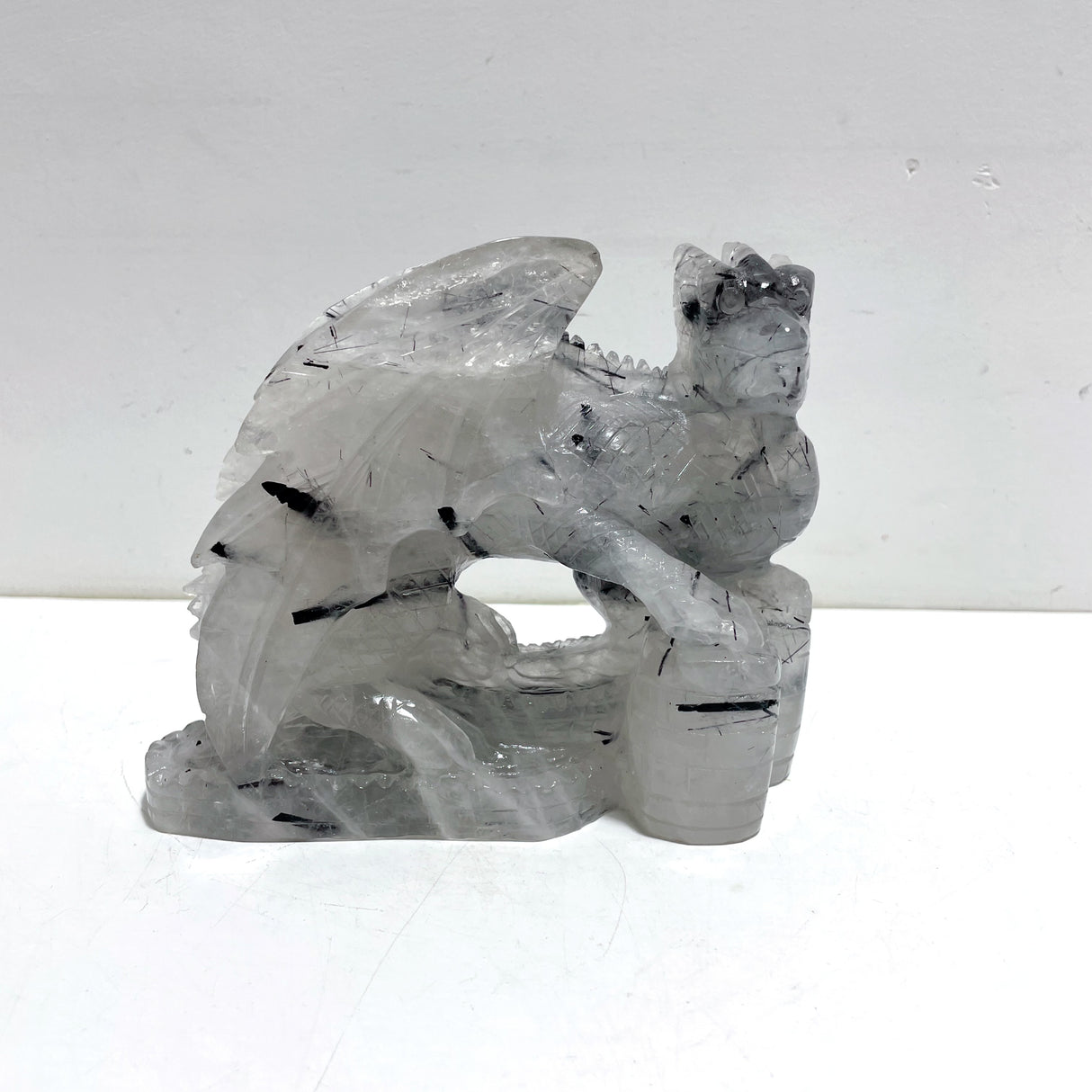 Unique Black Tourmaline Flying Dragon Castle Carving