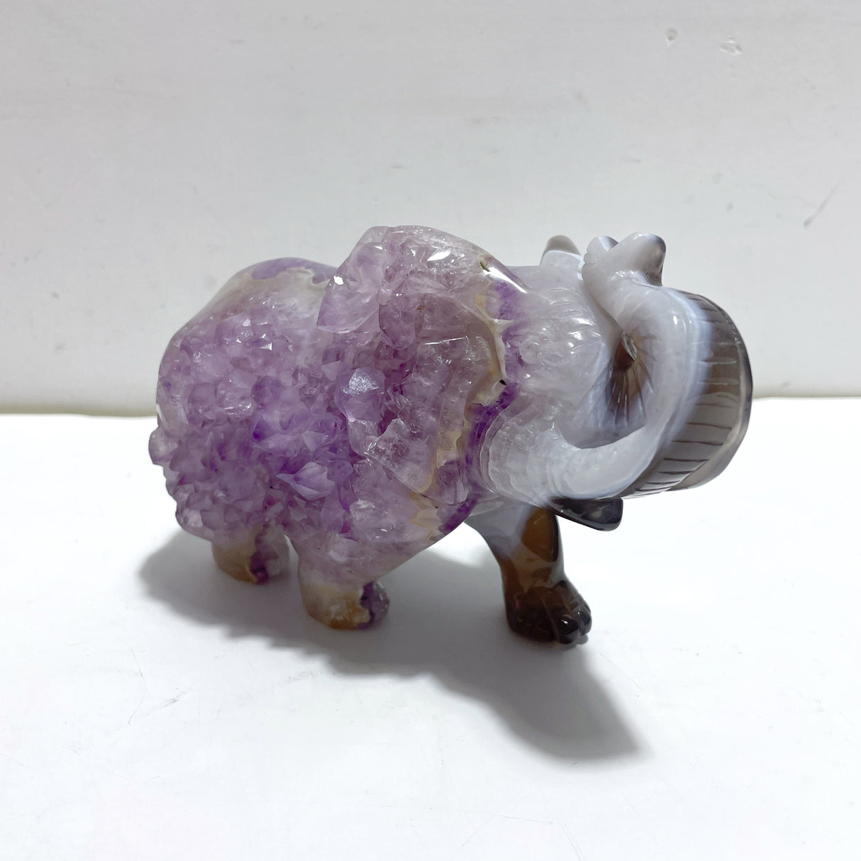 Unique Geode Amethyst Mixed Agate Druzy Elephant Animal Carving #A03