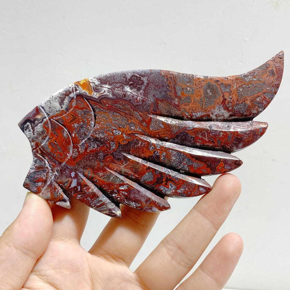 Morocco Agate Heart Wing Carving With Stand