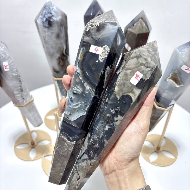 8 Pieces Valcano Agate Scepter Wand With Stand (UV Reactive) - Wholesale Crystals