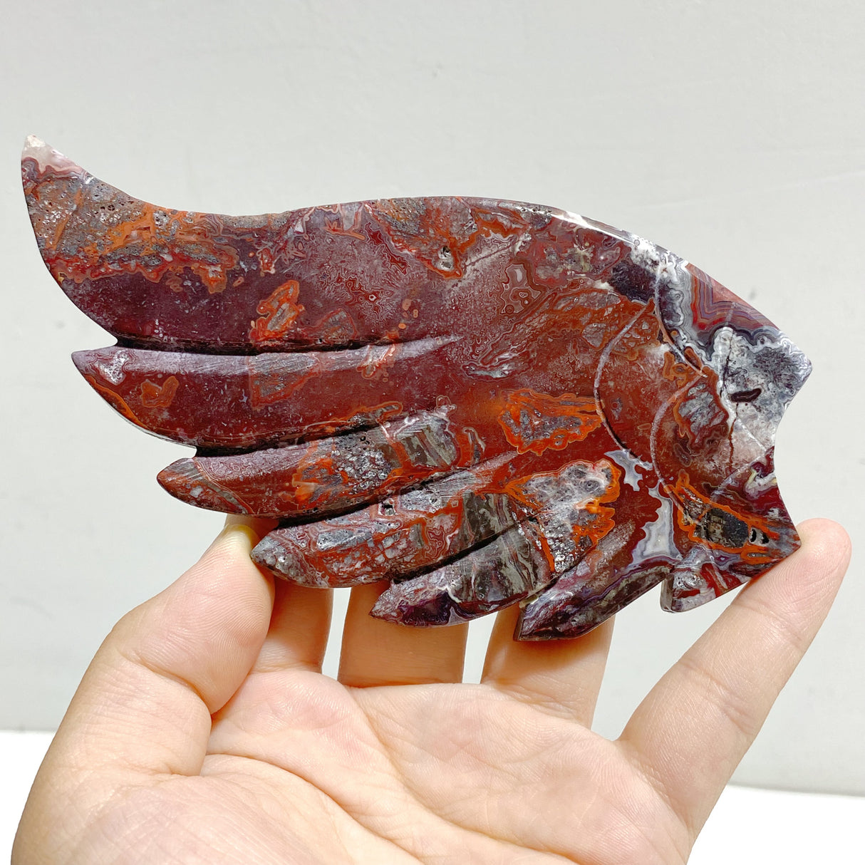 Morocco Agate Heart Wing Carving With Stand