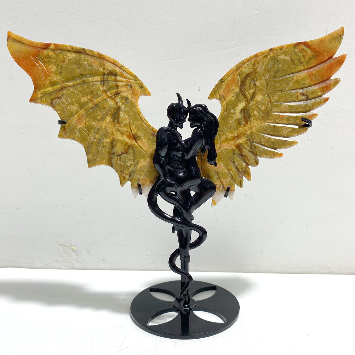 Yellow Ocean Jasper Demon And Angel Wing Carving With Stand